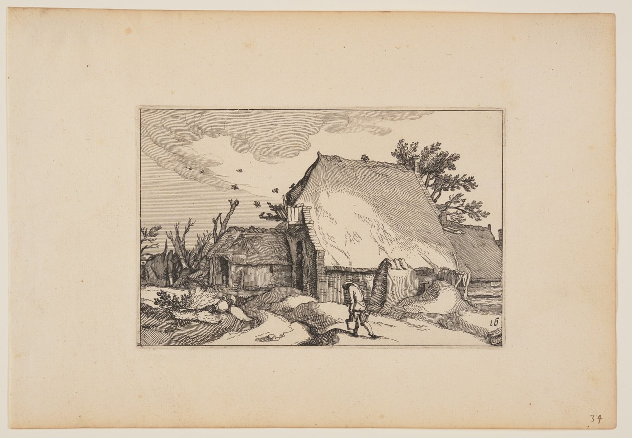 Ein Bauernhof, Mann mit zwei Eimern auf dem Weg vorne, aus Landschaften von Claes Jansz. Visscher