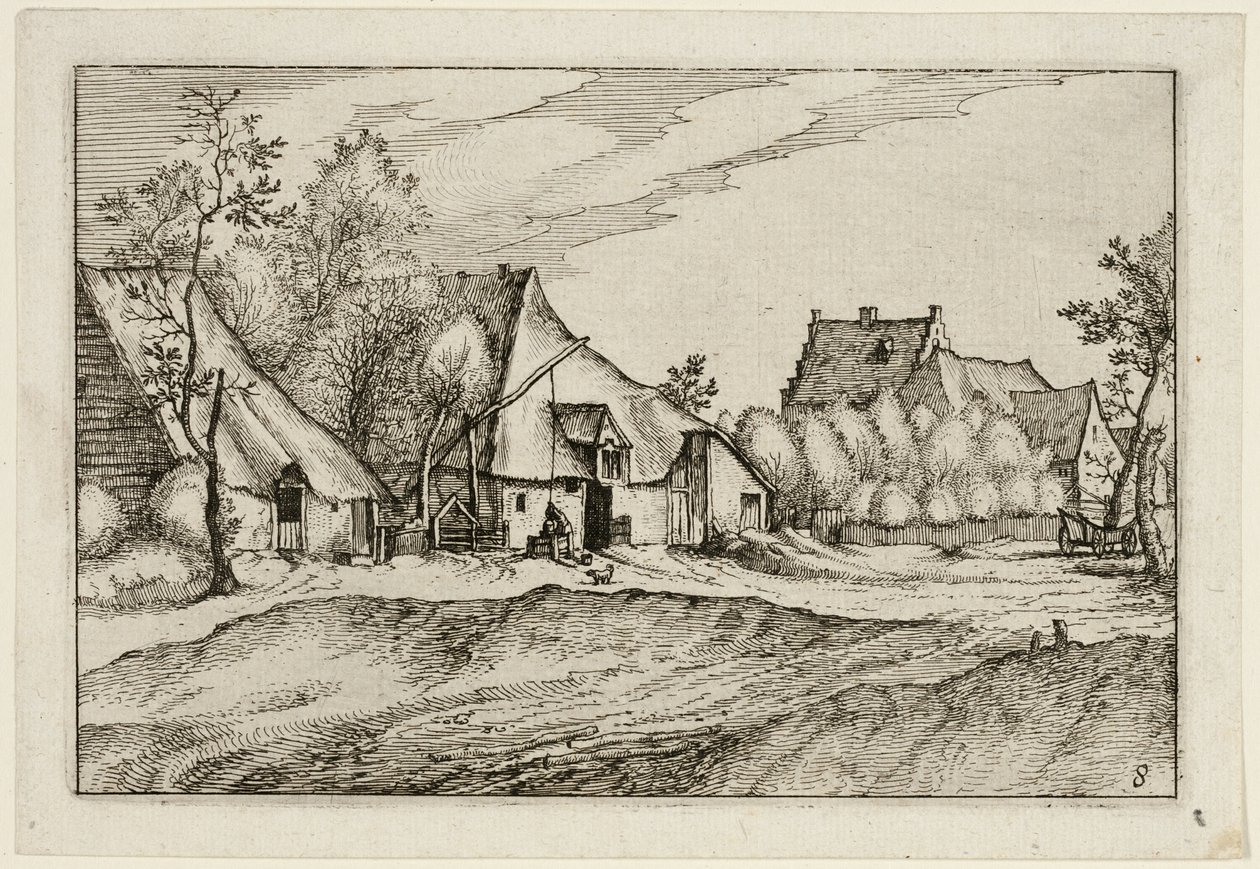 Bauernhöfe in einem Dorf, Platte acht nach Bilder von Bauernhöfen, Landhäusern und rustikalen Dörfern von Claes Jansz. Visscher II