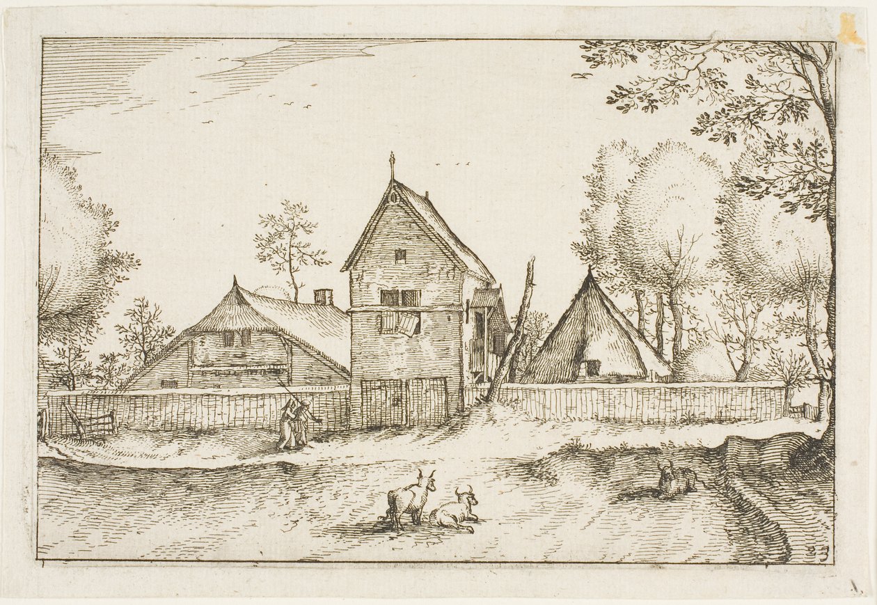 Großer ummauerter Bauernhof, Platte 23 nach Bilder von Bauernhöfen, Landhäusern und rustikalen Dörfern (Praediorum villarum et rusticarum casularum icones) von Claes Jansz. Visscher II