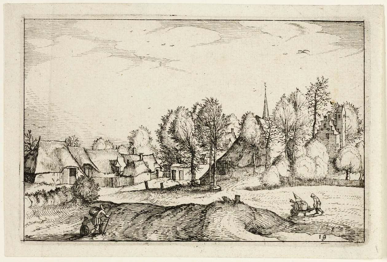 Straße in ein Dorf, Tafel neunzehn nach Bilder von Bauernhöfen, Landhäusern und rustikalen Dörfern (Praediorum villarum et rusticarum casularum icones) von Claes Jansz. Visscher II