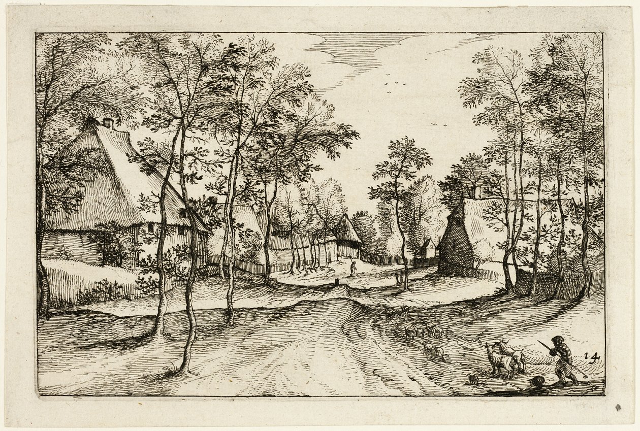Dorfstraße, Platte vierzehn nach Bilder von Bauernhöfen, Landhäusern und rustikalen Dörfern (Praediorum villarum et rusticarum casularum icones) von Claes Jansz. Visscher II