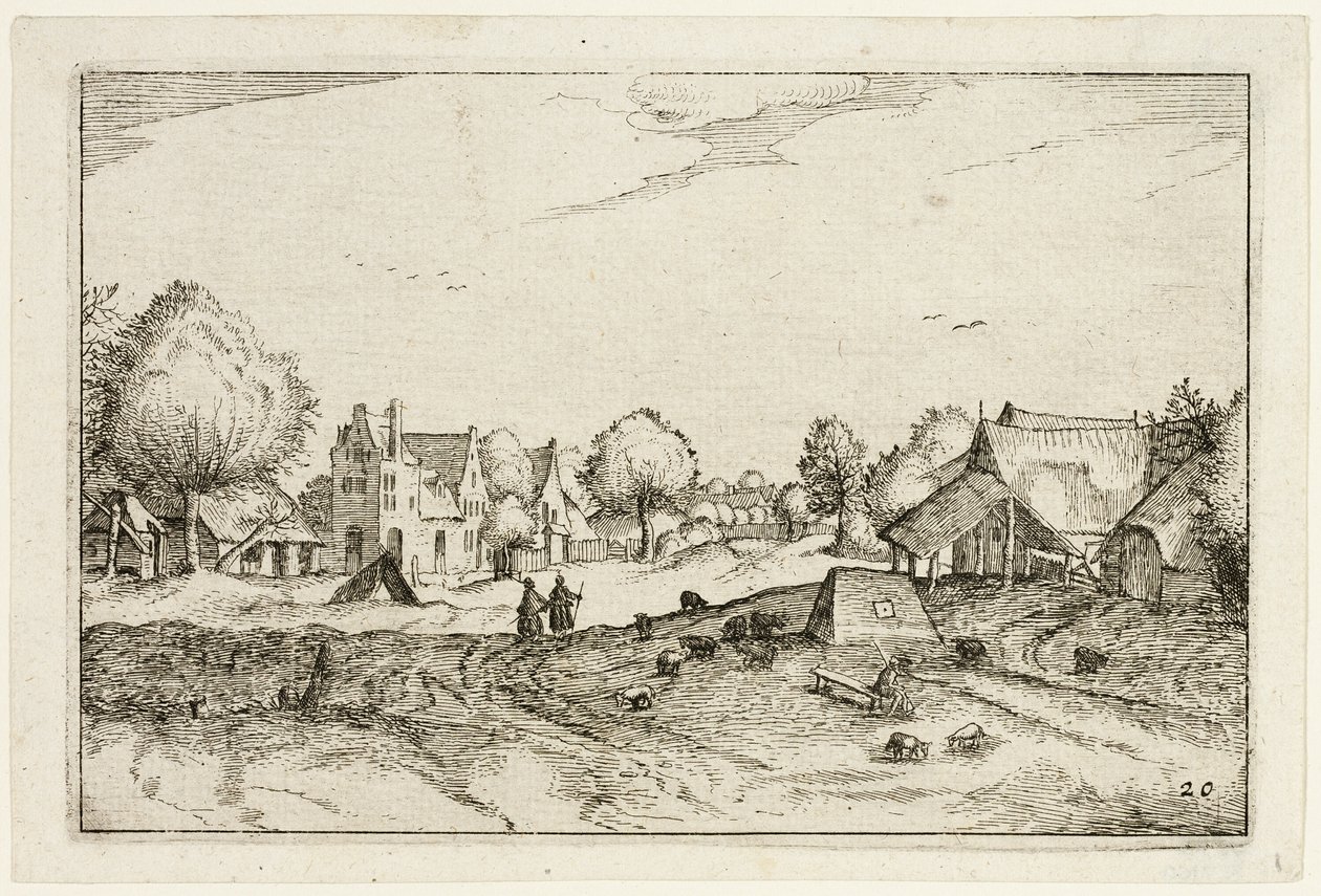 Dorfstraße, Platte zwanzig nach Bilder von Bauernhöfen, Landhäusern und rustikalen Dörfern (Praediorum villarum et rusticarum casularum icones) von Claes Jansz. Visscher II