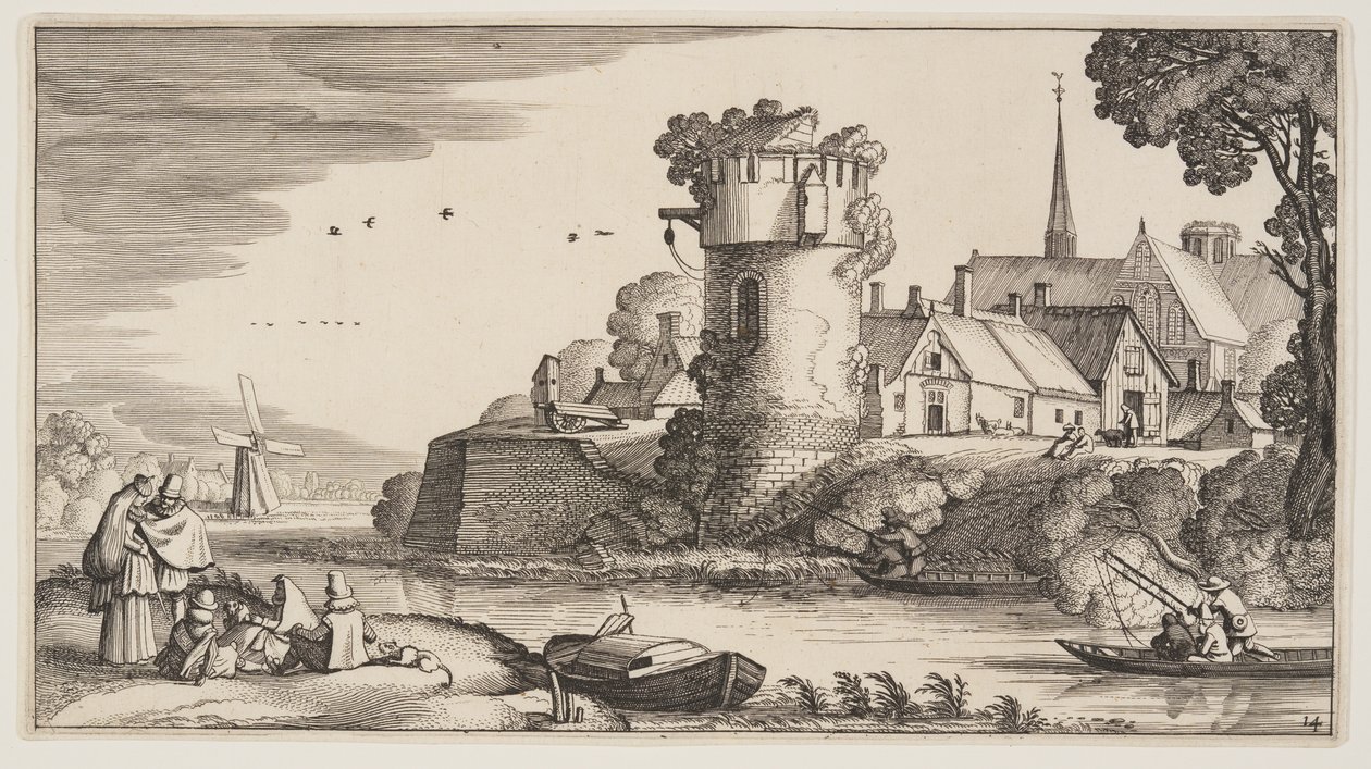Wachturm an einem Fluss, aus Landschaften (Playsante Lantschappen) von Claes Jansz. Visscher II