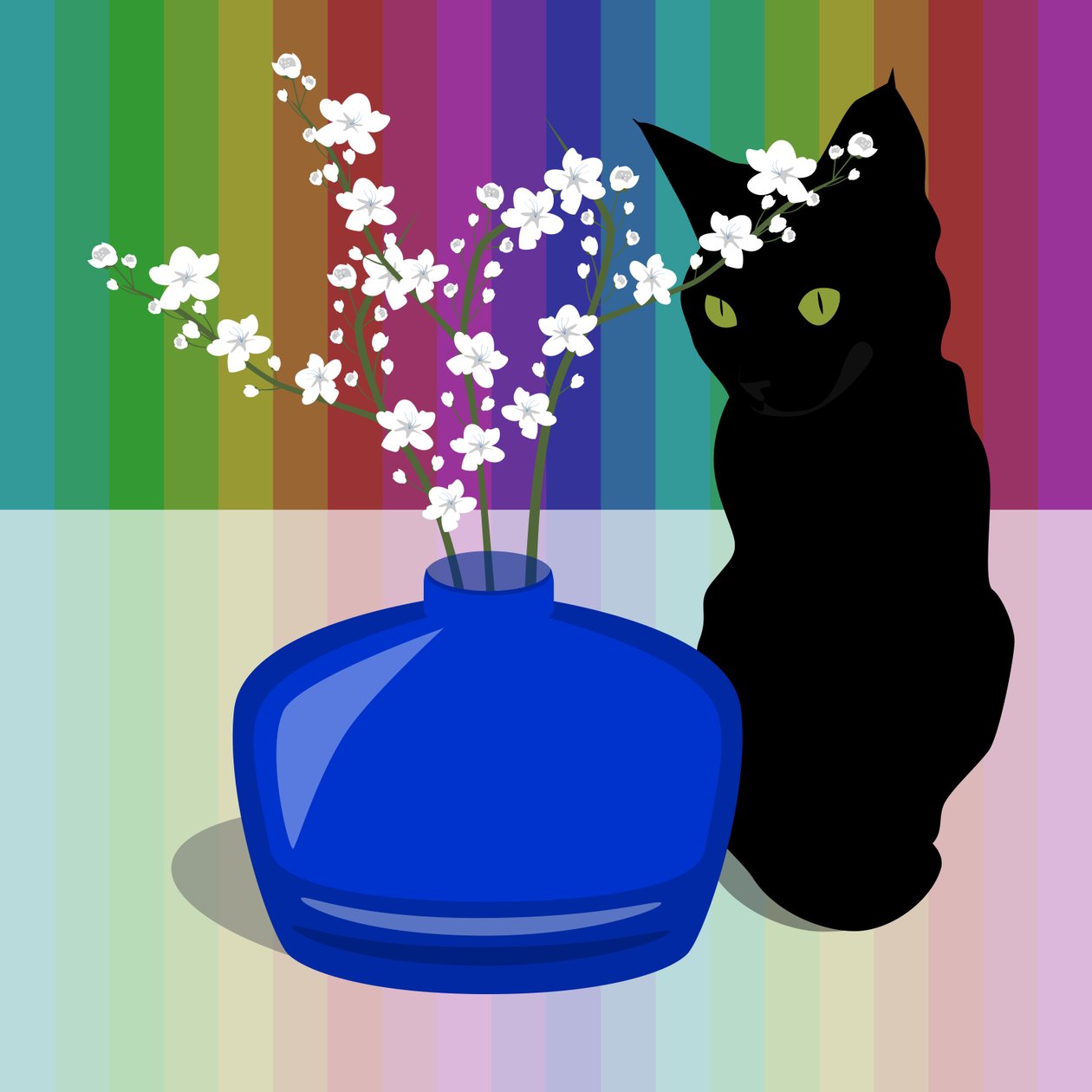 Blaue Glasvase mit Blüte und schwarzer Katze von Claire Huntley