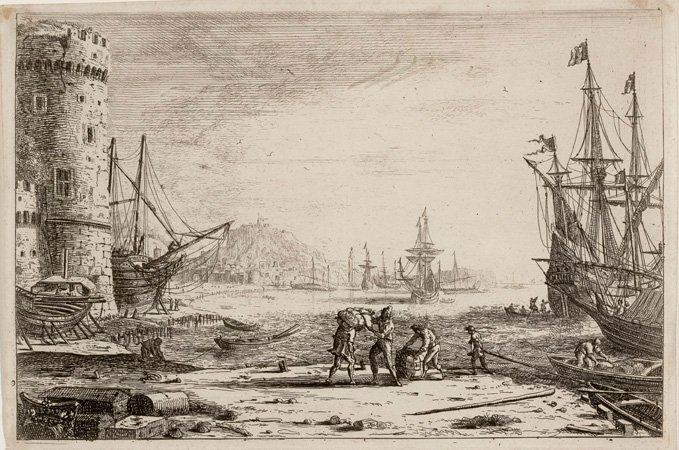 Hafen mit großem Turm von Claude Lorrain