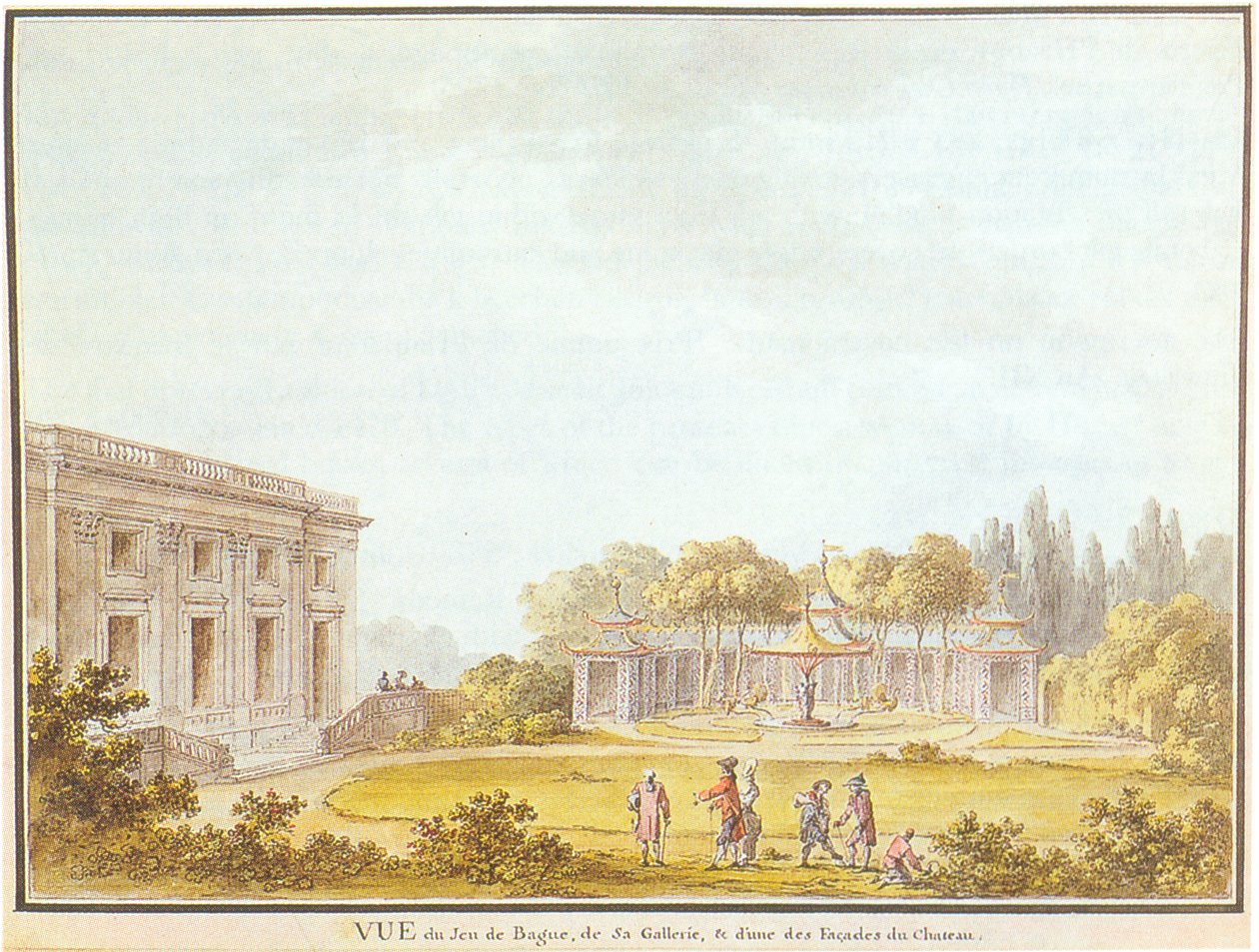 Ansicht des Jeu de Bague, der Galerie und einer der Fassaden des Schlosses von Claude Louis Chatelet