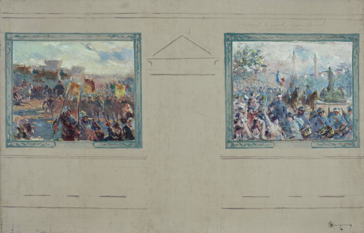 Skizze für das Rathaus des 12. Arrondissements von Paris: Militärparade. Parade auf dem Place de la Nation, circa 1910 von Claude Charles Bourgonnier