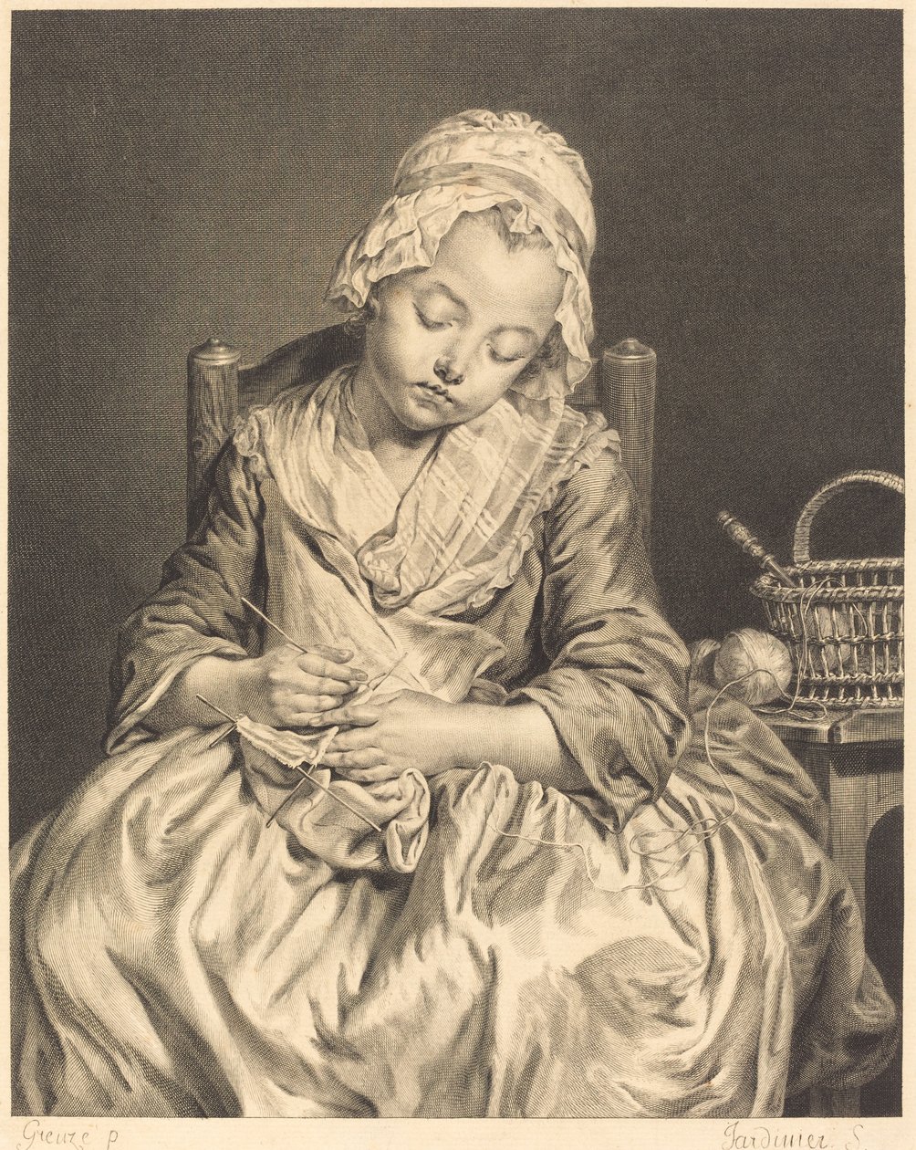 Die schlafende Strickerin von Claude Donat Jardinier after Jean Baptiste Greuze