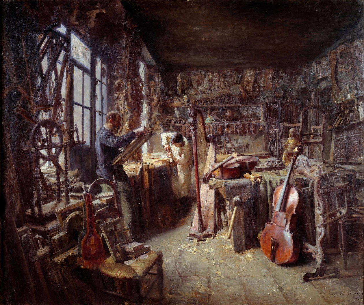 Ein Restaurator in seiner Werkstatt voller Instrumente von Claude Firmin
