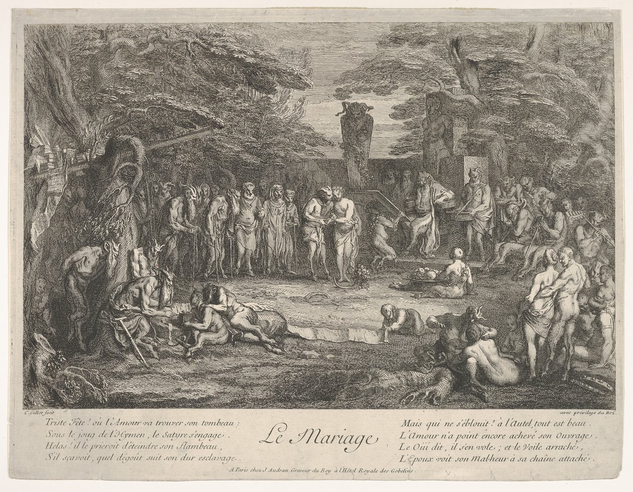 Die Hochzeit: In einem Wald heiratet ein alter Satyr die Verlobte (ca. 1700-1720) von Claude Gillot