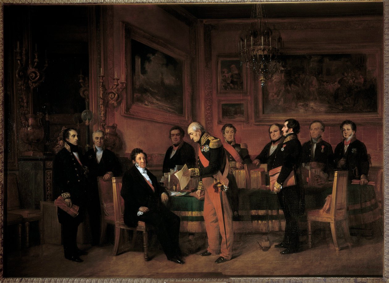 Ministerrat im Palais des Tuileries, Marschall Soult überreicht Louis Philippe I. das Regentschaftsgesetz am 15. August von Claude Jacquand