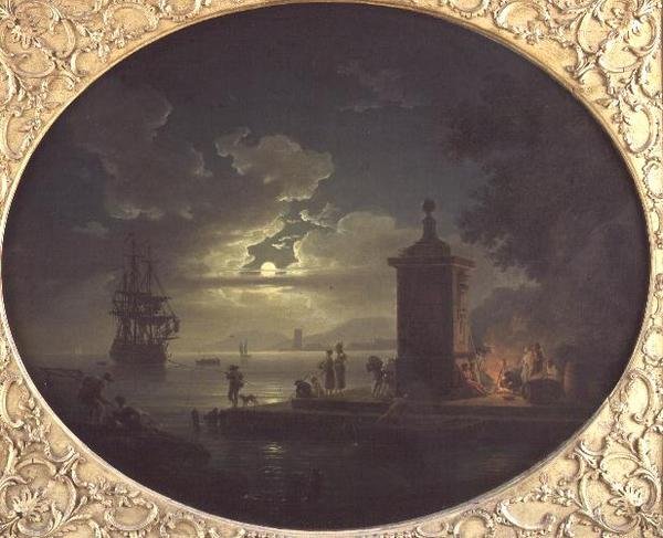 Nacht: Eine mondbeschienene Küstenlandschaft mit Fischern an einem Feuer auf einem Kai, ein Kriegsschiff im Hintergrund von Claude Joseph Vernet