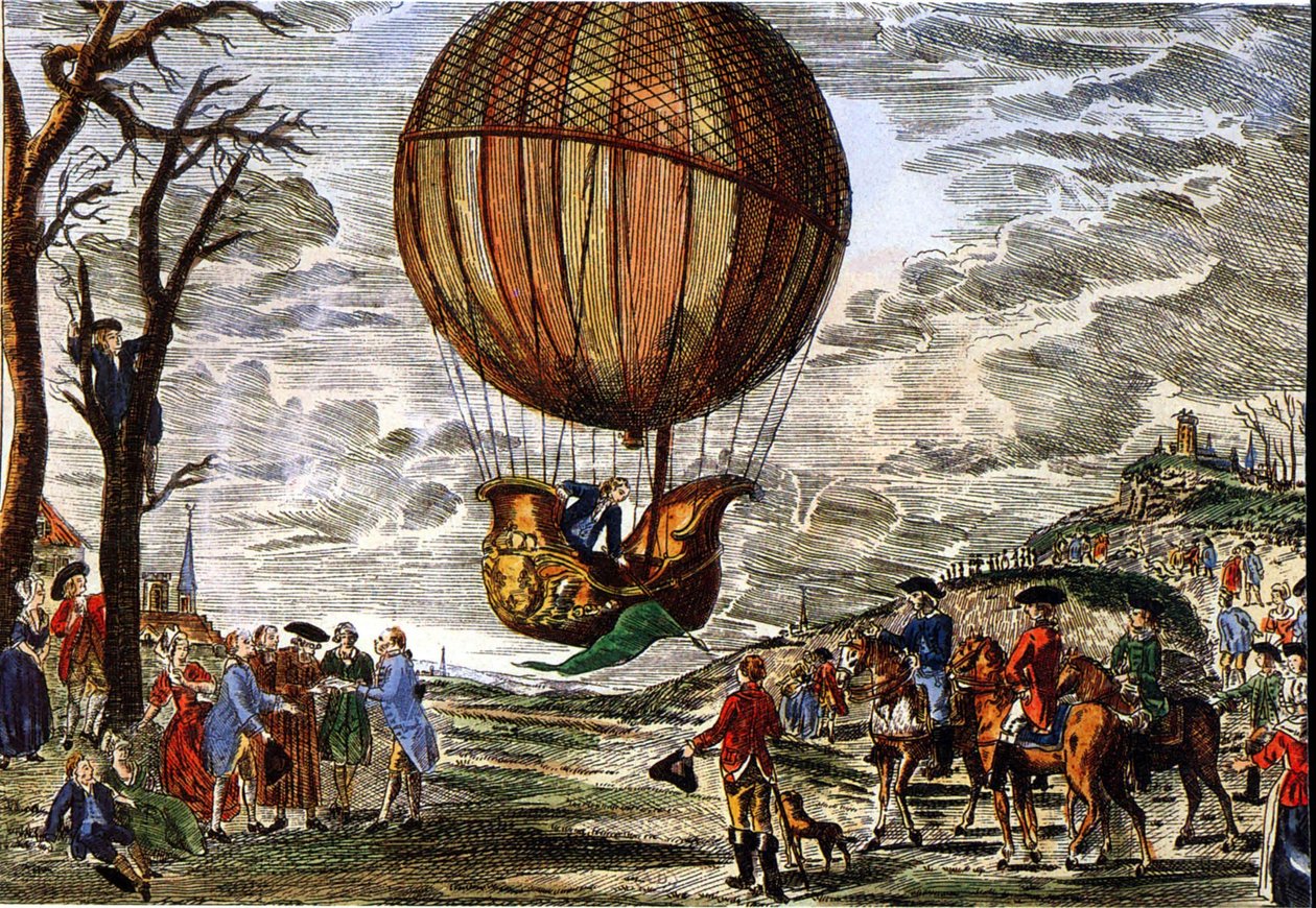 Flug eines Heißluftballons unter der Aufsicht des Herzogs von Chartres im Jahr 1783, Gravur von Claude Louis (after) Desrais