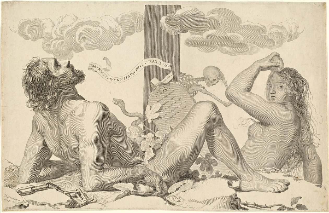 Adam und Eva am Fuße des Kreuzes von Claude Mellan