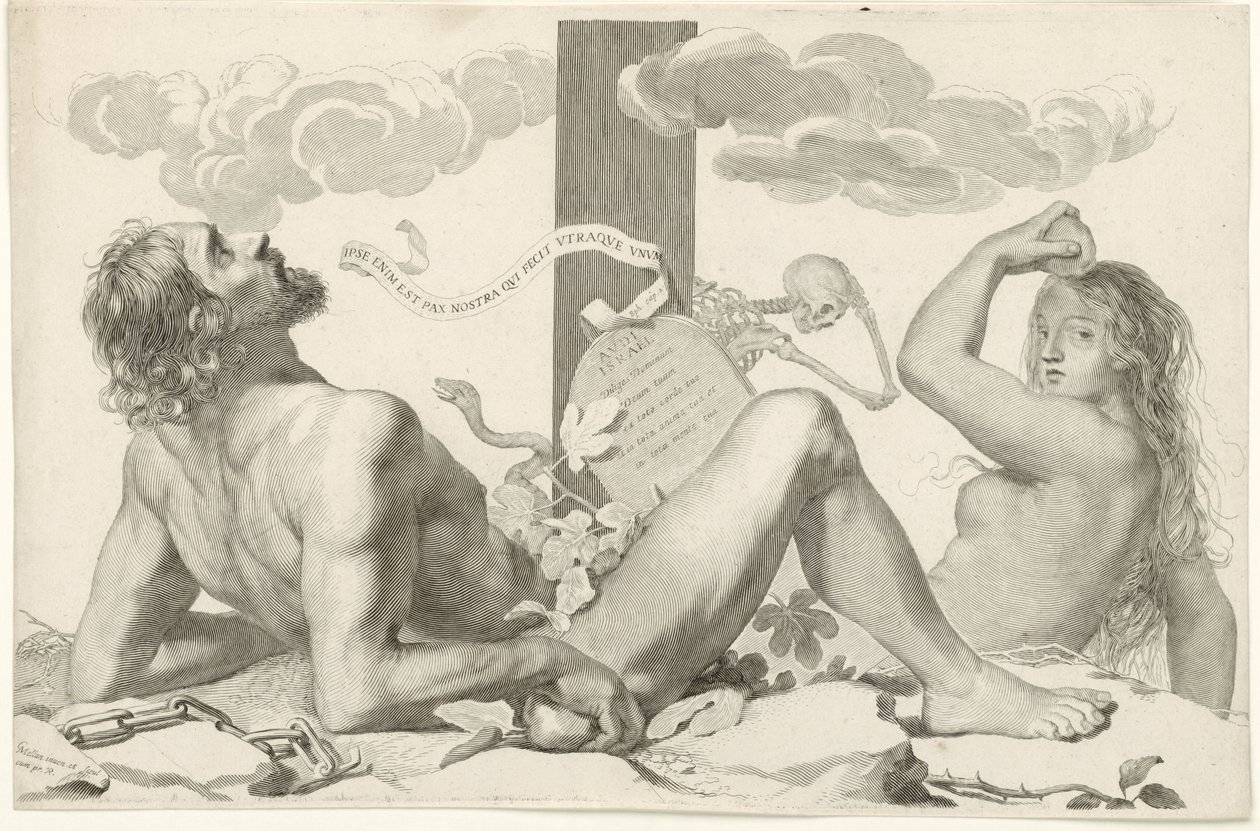 Adam und Eva am Fuß des Kreuzes von Claude Mellan
