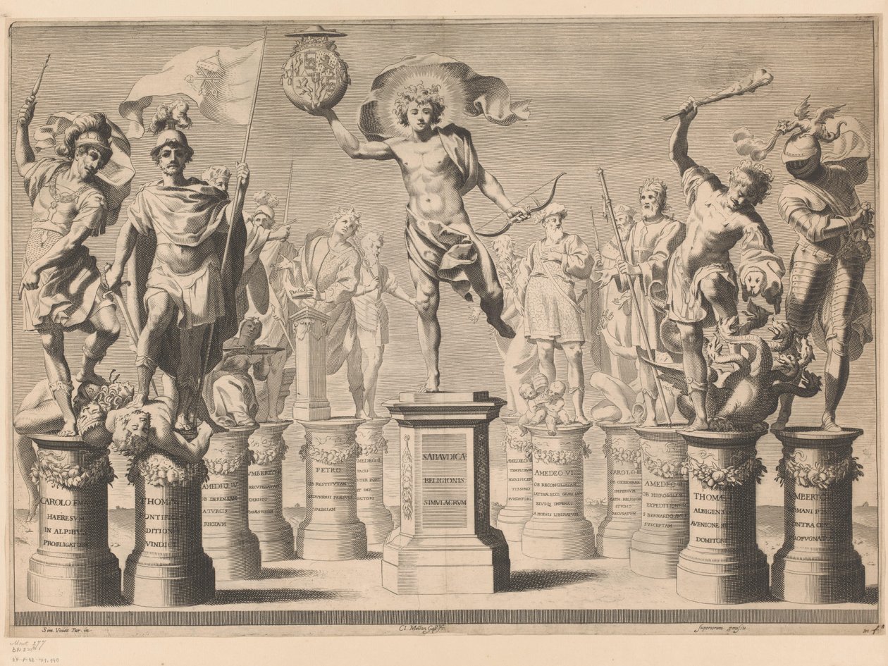 Allegorie zu Ehren des Hauses Savoyen mit legendären Figuren auf Sockeln von Claude Mellan