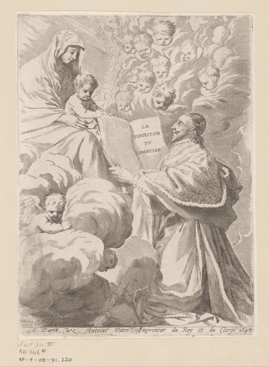 Armand-Jean du Plessis Herzog von Richelieu präsentiert ein Buch an Maria mit Kind (Titelblatt für: Armand-Jean du Plessis Herzog von Richelieu, Traité de la perfection du chrétien) von Claude Mellan