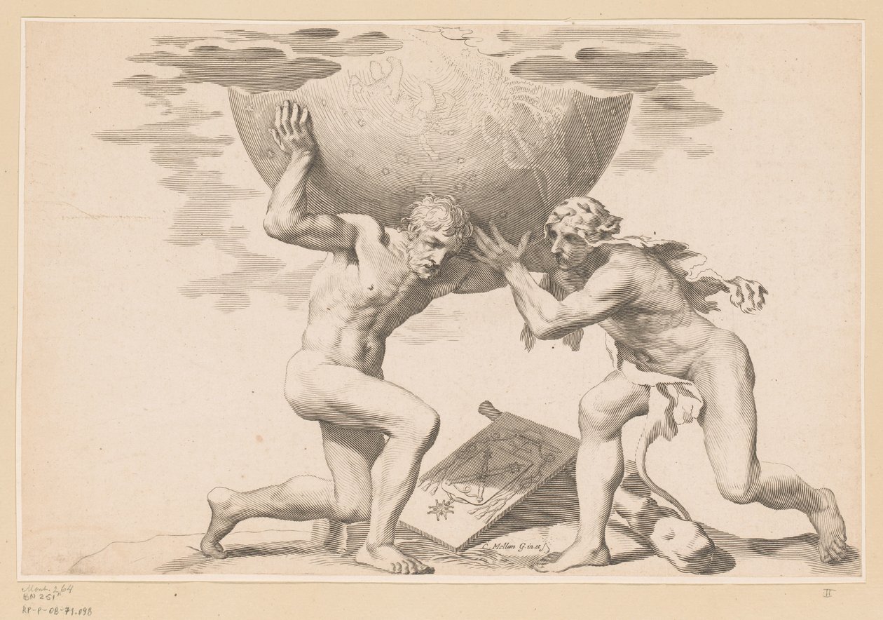 Atlas übergibt den Himmelsglobus an Herkules von Claude Mellan