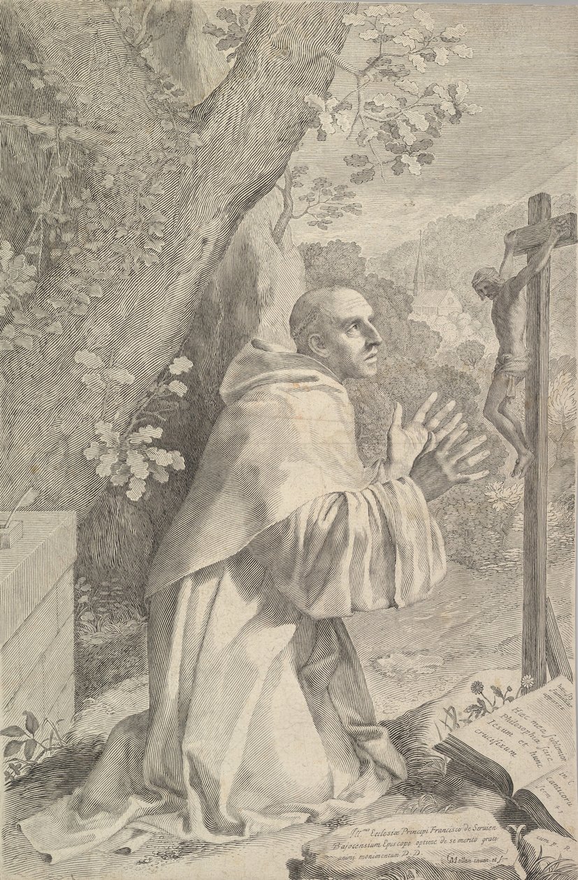 Hl. Bernhard kniet vor einem Kruzifix, ca. 1655 von Claude Mellan