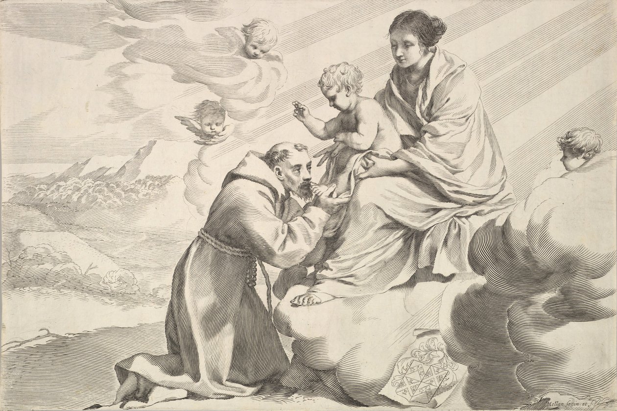 St. Franziskus von Assisi verehrt das Christkind auf dem Schoß der Jungfrau von Claude Mellan