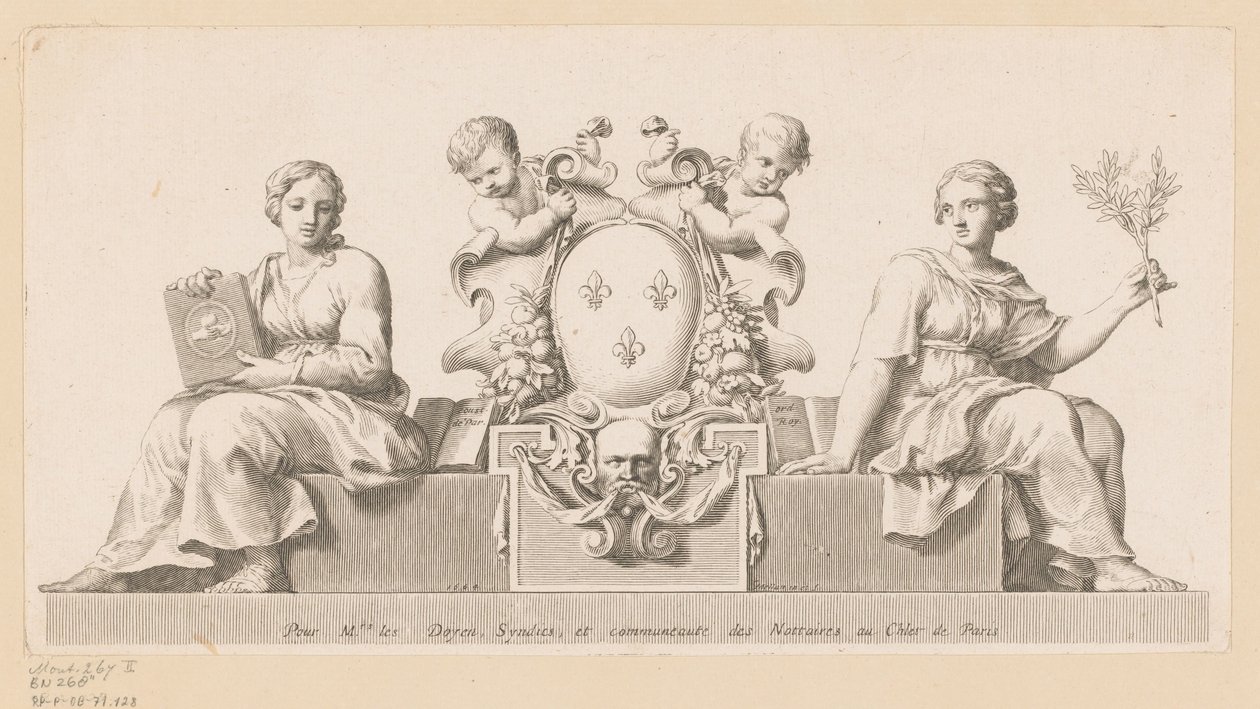 Wappen der Notare des Châtelet in Paris mit Personifikationen des Guten Glaubens und des Gesetzes von Claude Mellan