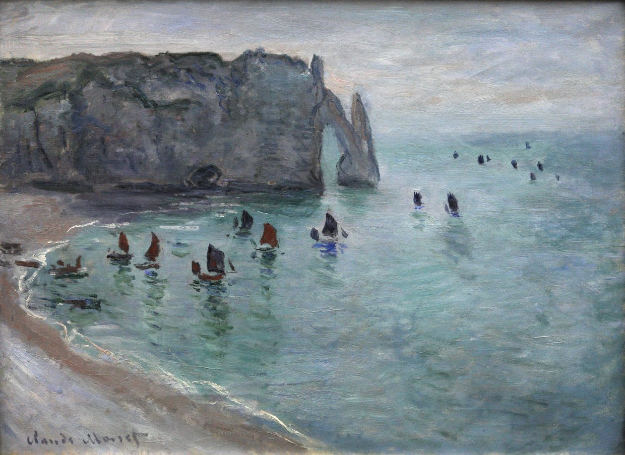 Étretat, das Tor von Aval: Fischerboote verlassen den Hafen von Claude Monet