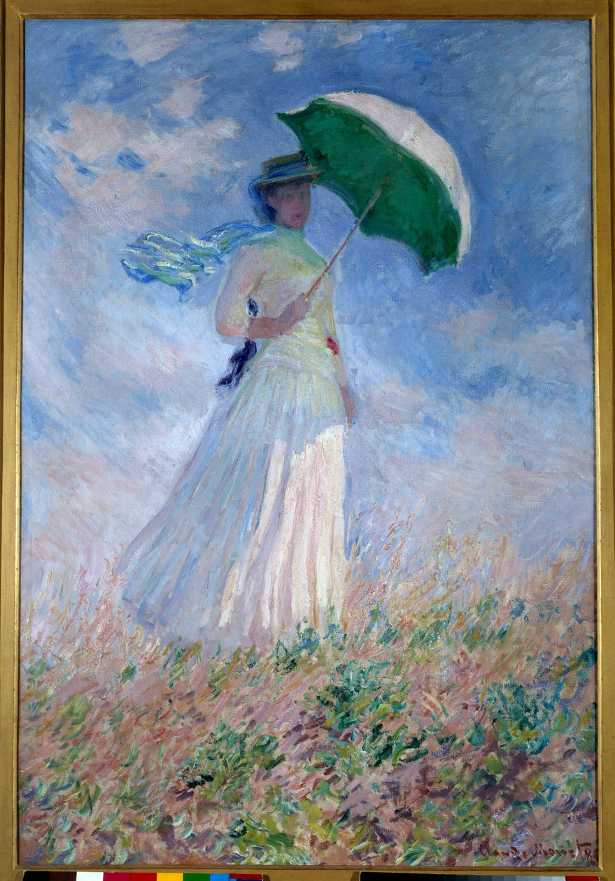 Frau mit Sonnenschirm nach rechts gewandt von Claude Monet