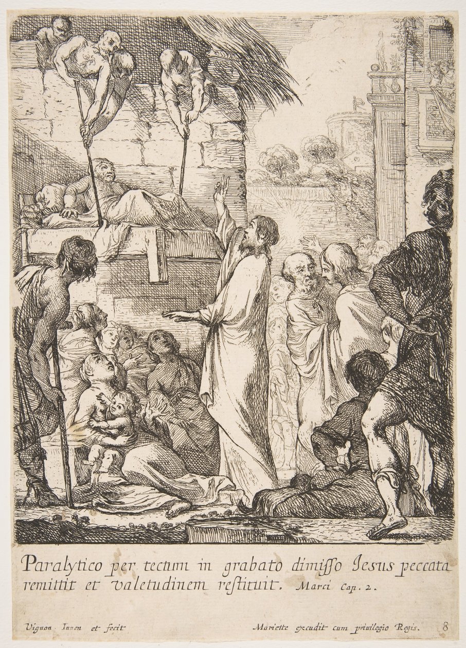 Heilung des Gelähmten, Jesus-Christus beweist durch die Heilung eines Gelähmten, dass er die Macht hat... von Claude Vignon