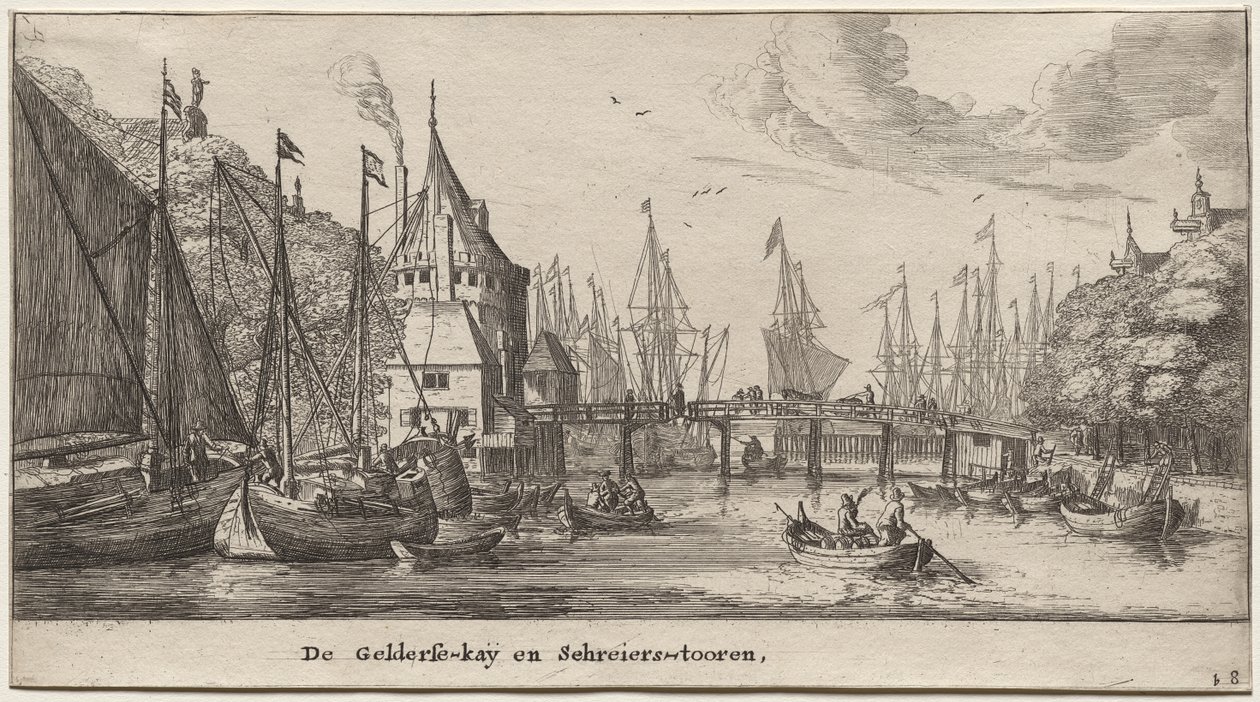 Verschiedene Schiffe und Ansichten von Amsterdam (Verscheÿde Schepen en Gesichten van Amstelredam), Teil II: Der Geldersche Quai und der Schreiersturm von Clement de Jonghe
