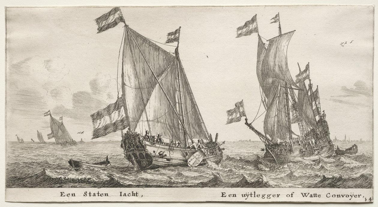 Verschiedene Schiffe und Ansichten von Amsterdam, Teil II: Niederländische Admiralitätsyacht. Ein Wachschiff von Clement de Jonghe