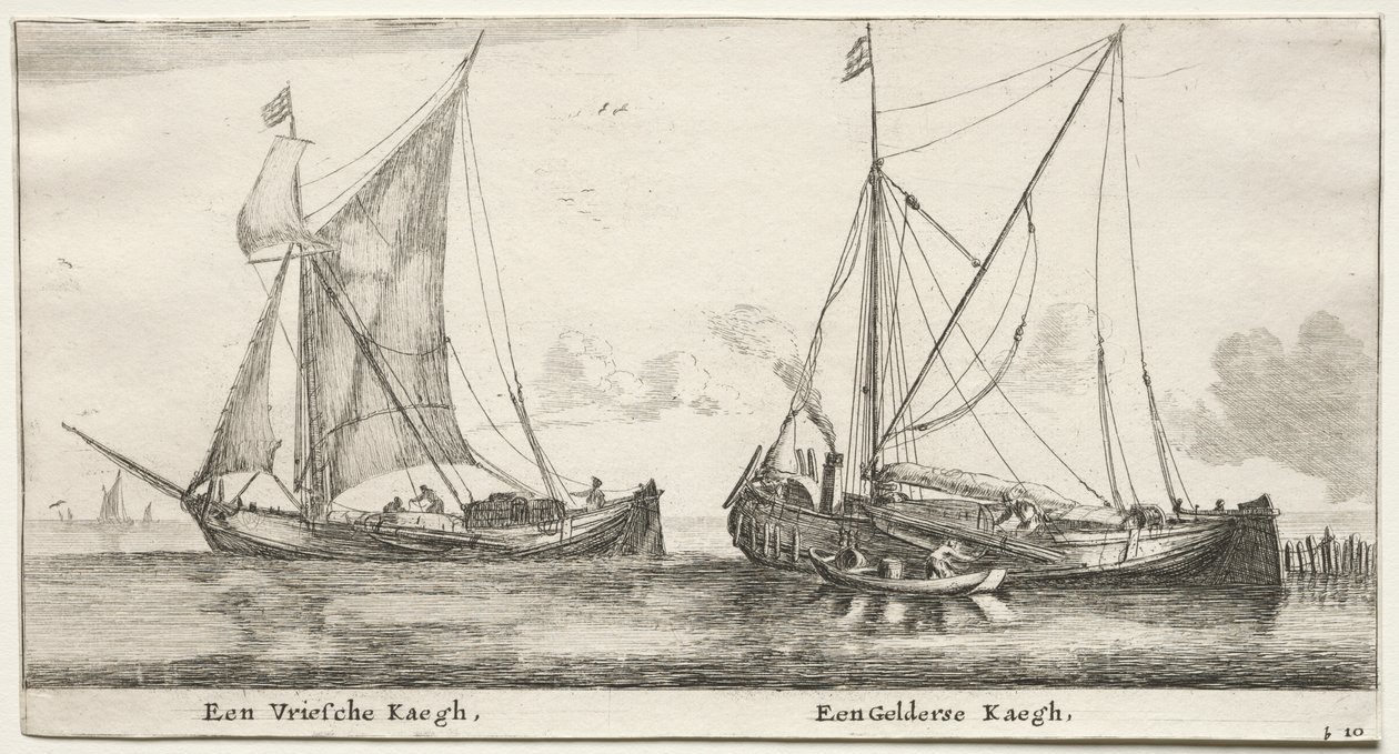 Verschiedene Schiffe und Ansichten von Amsterdam (Verscheÿde Schepen en Gesichten van Amstelredam), Teil II: Ein friesischer Bilander. Ein Gelderscher Bilander von Clement de Jonghe