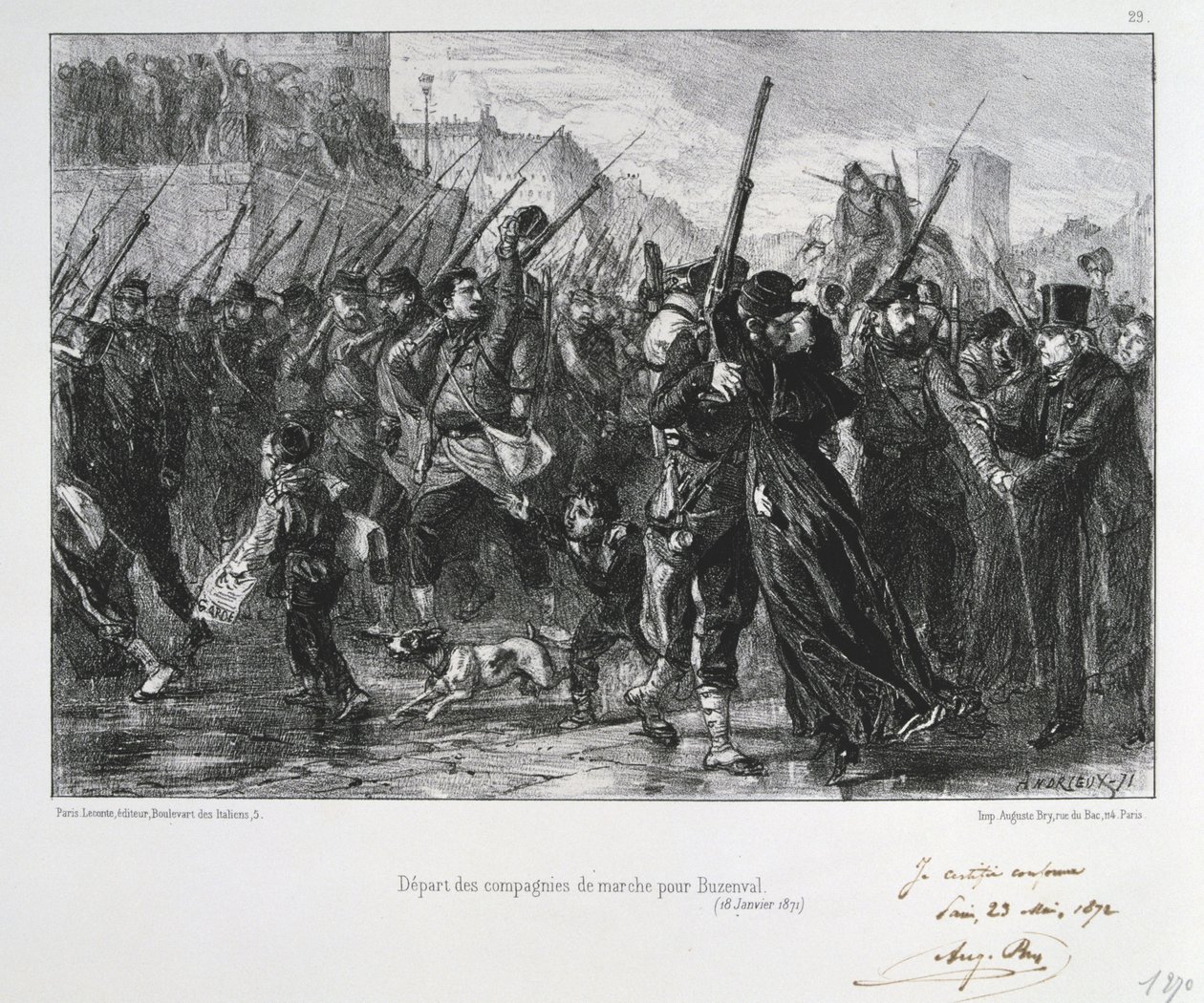 Deutsch-Französischer Krieg 1870-1871: Schlacht von Buzenval (Mont Valérien) bei Versailles am 19. Januar 1871. Nationalgarde marschiert zur Schlacht und Niederlage. Aus einer Serie von Lithografien von Clément Auguste Andrieux über die Nationalgarden. von Clément Auguste Andrieux