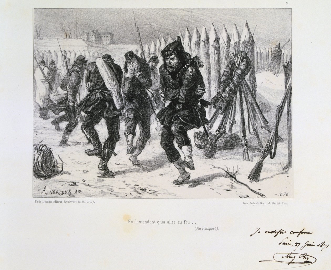 Deutsch-Französischer Krieg 1870-1871. Belagerung von Paris 19. Sept. 1870-28. Jan. 1871. Soldaten auf den Wällen springen herum, um sich warm zu halten. Aus einer Serie von Lithografien von Clément Auguste Andrieux über die Nationalgarden. von Clément Auguste Andrieux