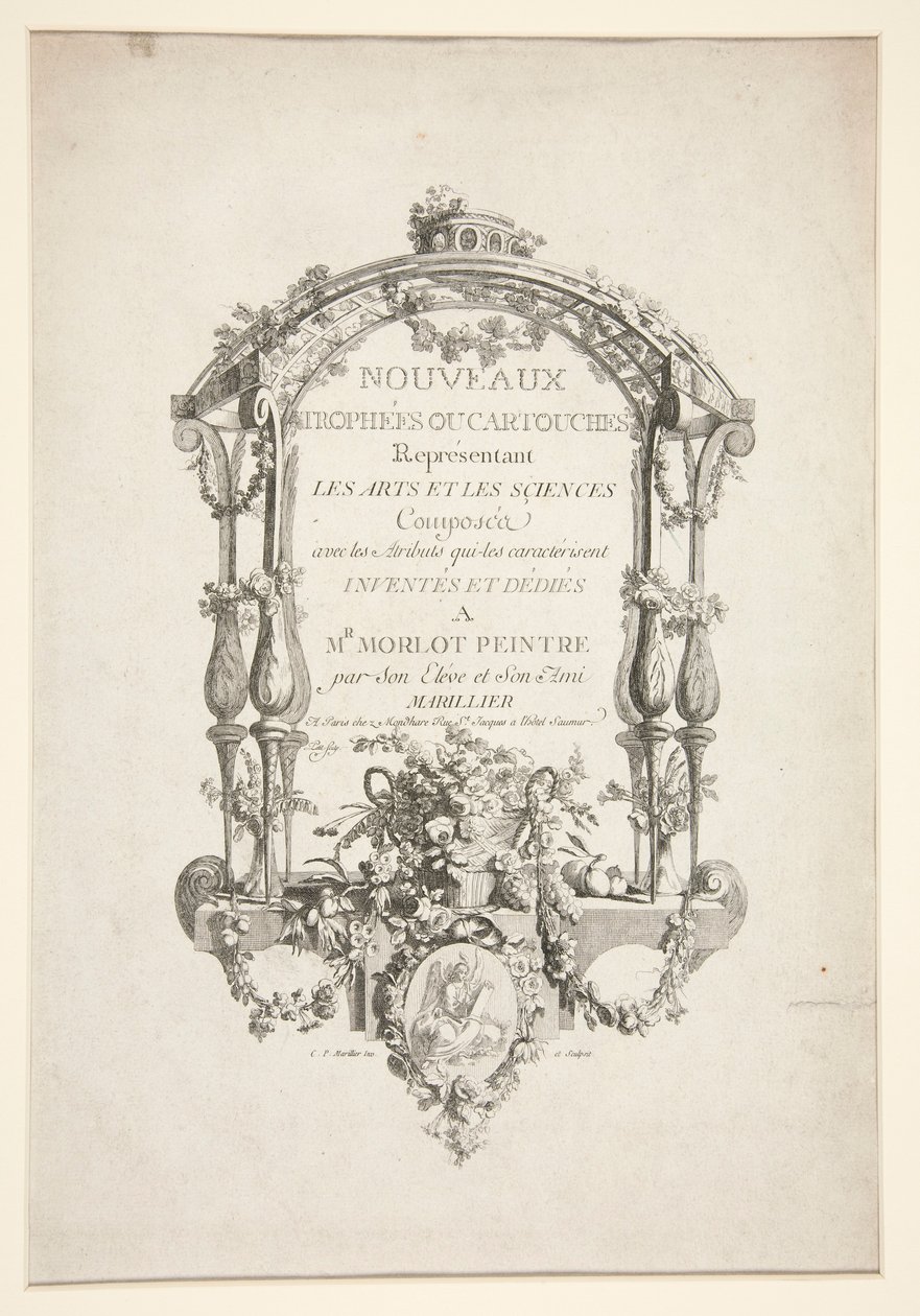 Titelseite aus Nouveaux Trophees ou cartouches representant les arts et les sciences von Clément Pierre Marillier