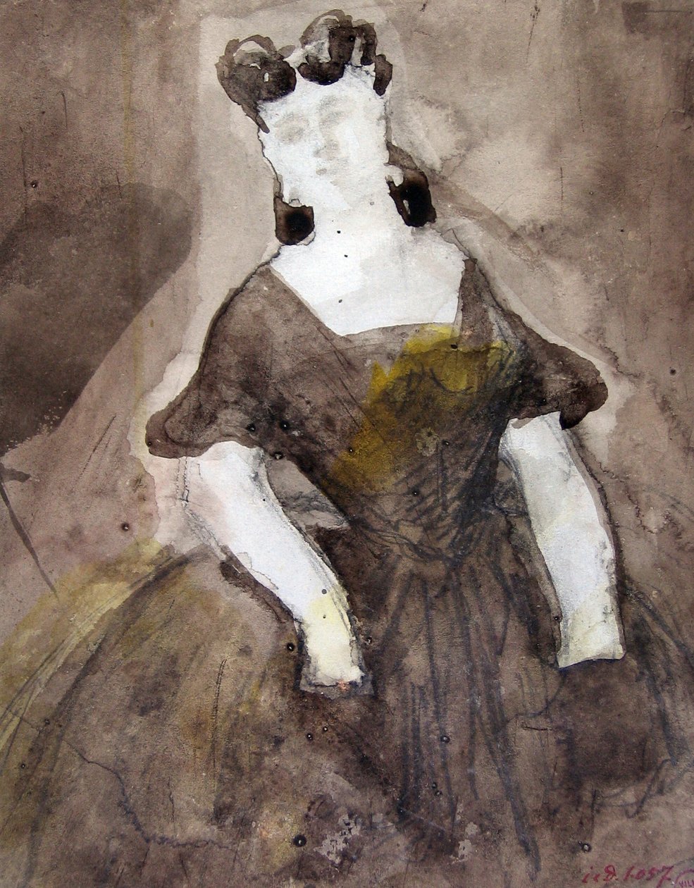 Studie einer Frau in Halbfigur, Kleid mit Dekolleté, Hände in den Taschen von Constantin Guys