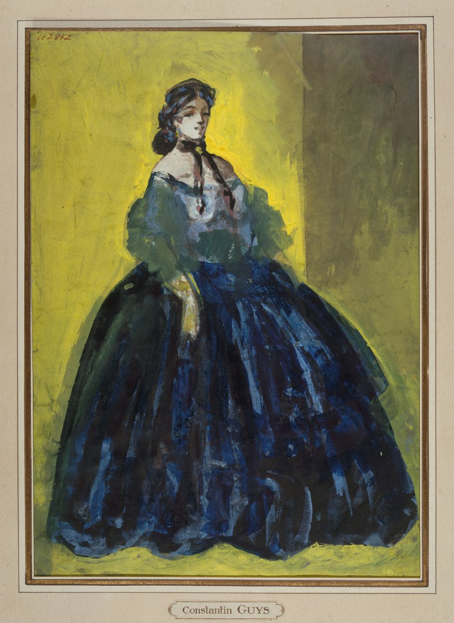 Studie einer Frau im blauen Kleid vor gelbem und grünem Hintergrund, um 1865 von Constantin Guys