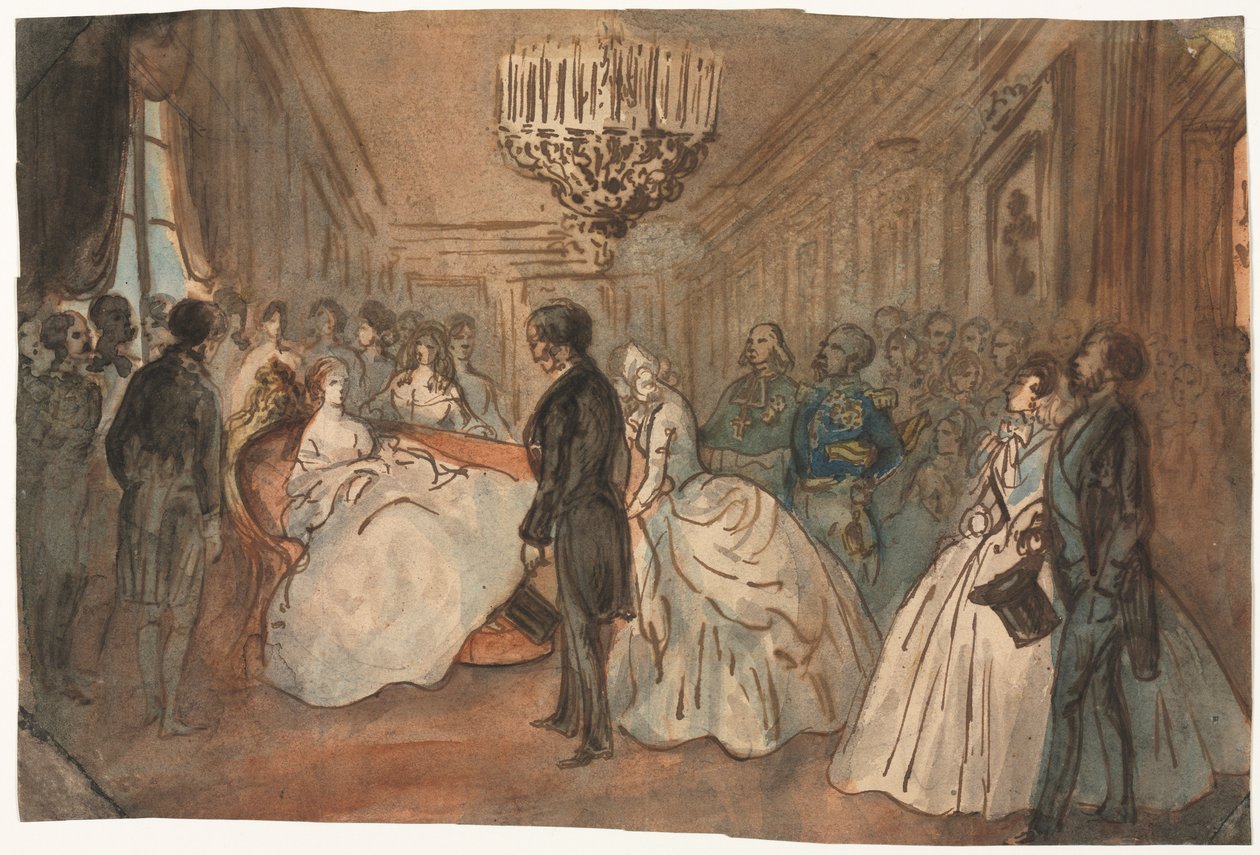 Die Kaiserin Eugénie empfängt das diplomatische Korps nach der Geburt des kaiserlichen Prinzen, 1800er Jahre von Constantin Guys