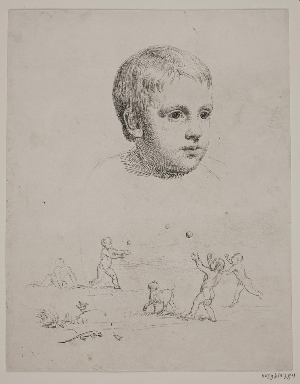 Oben Porträt von T. N. Thiele als Kind, unten vier Jungen, die Ball spielen von Constantin Hansen