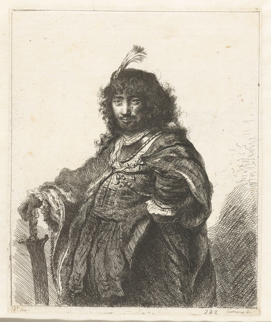 Selbstporträt (?) mit Federhut und gesenktem Säbel von Constantino Cumano