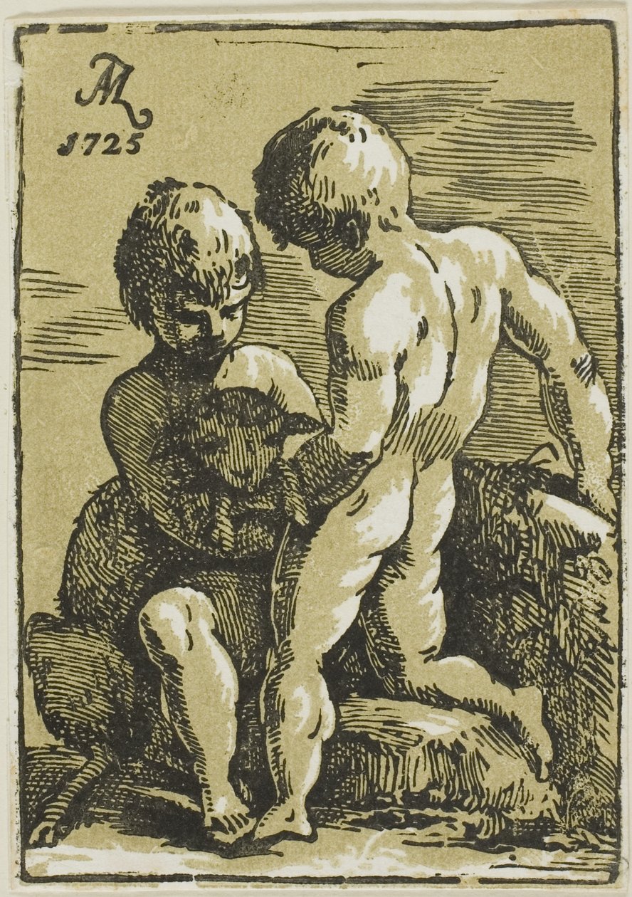 Zwei Kinder streicheln ein Lamm von Conte Antonio Maria Zanetti the Elder
