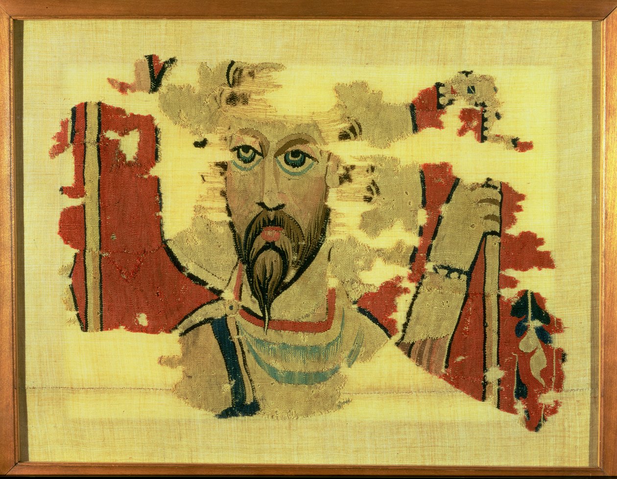 Gewebter Wandbehang mit dem Kopf des Hl. Theodor, aus Achmim, Ägypten, ca. 500-600 von Coptic Coptic