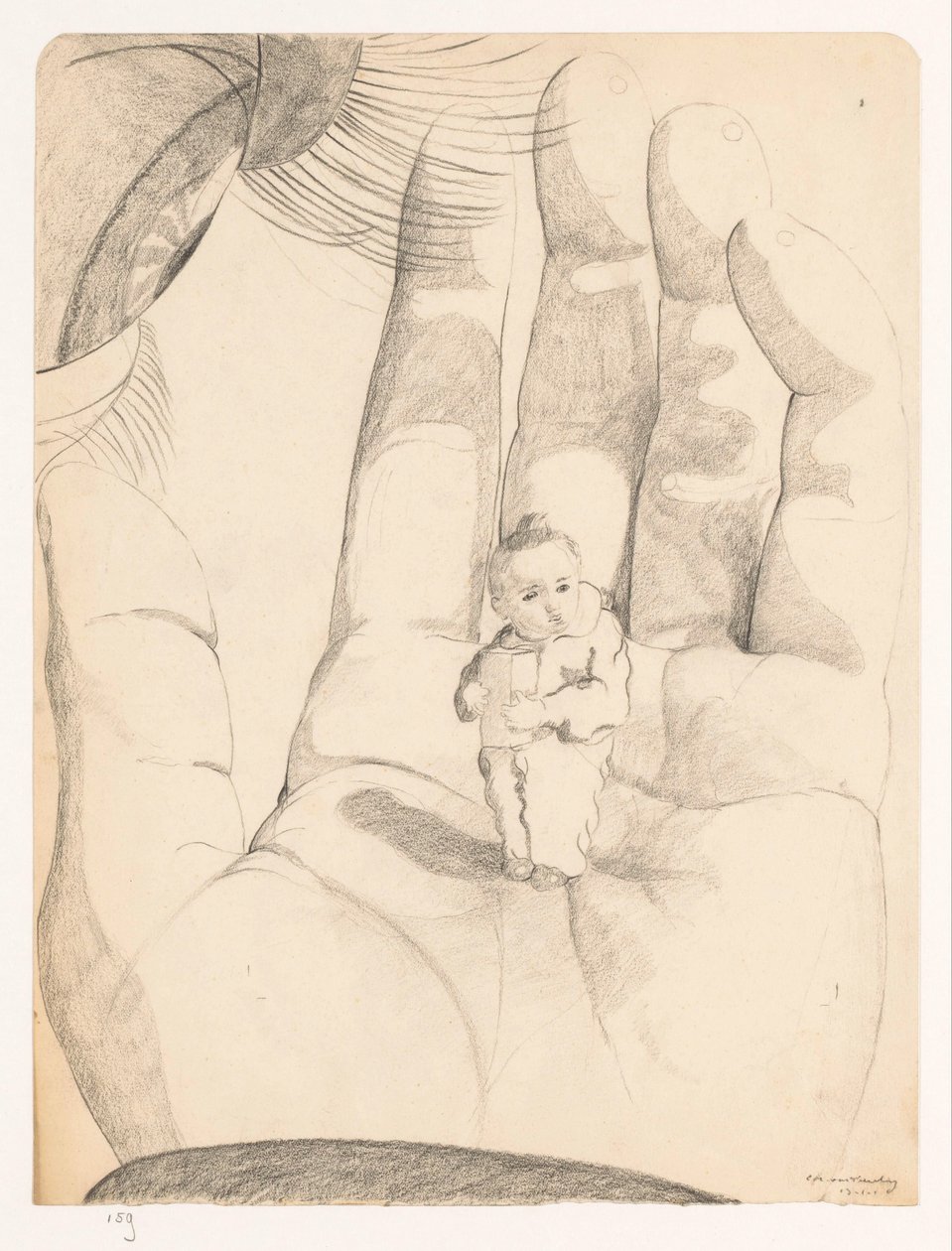 Auge und Hand, in denen ein Kind mit einem Päckchen in den Händen Selbstporträts von Cor van Teeseling (Serientitel) von Cor van Teeseling