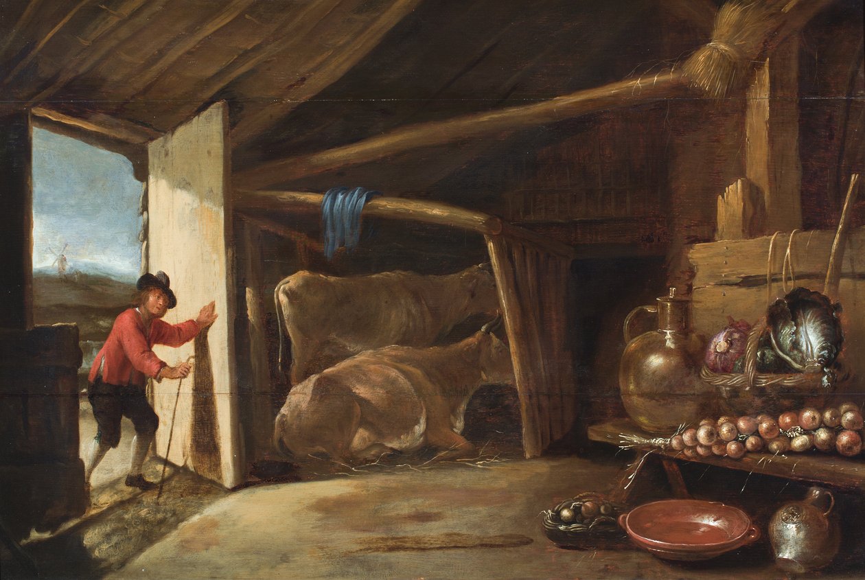 Scheuneninneres mit einem Kuhhirten und einem Stillleben aus Gemüse und Kupfergefäßen von Cornelis (circle of) Saftleven