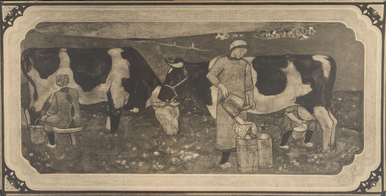 Fotoreproduktion eines Entwurfs mit Bäuerinnen und Kühen für ein Buntglasfenster von Richard Roland Holst von Cornelis Albertus Deul