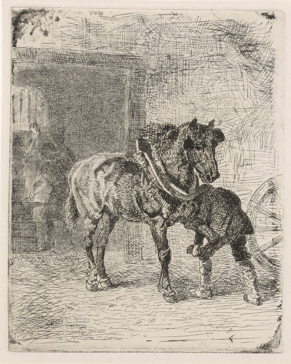 Pferd bekommt Hufeisen in einer Schmiede von Cornelis Albertus Johannes Schermer
