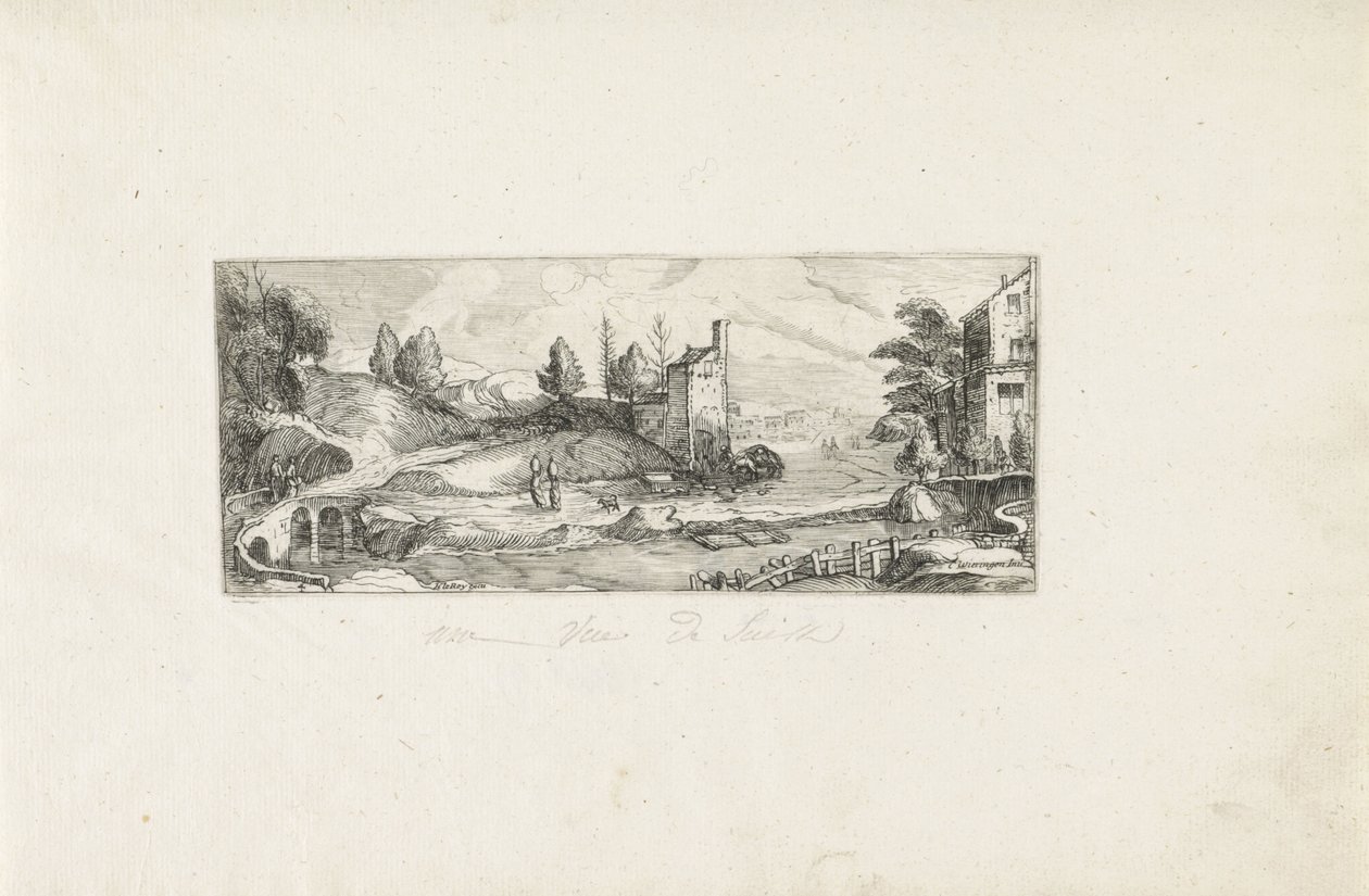Flusslandschaft mit zwei Frauen auf einer Brücke Landschaften (Serientitel) von Cornelis Claesz van Wieringen (possibly)