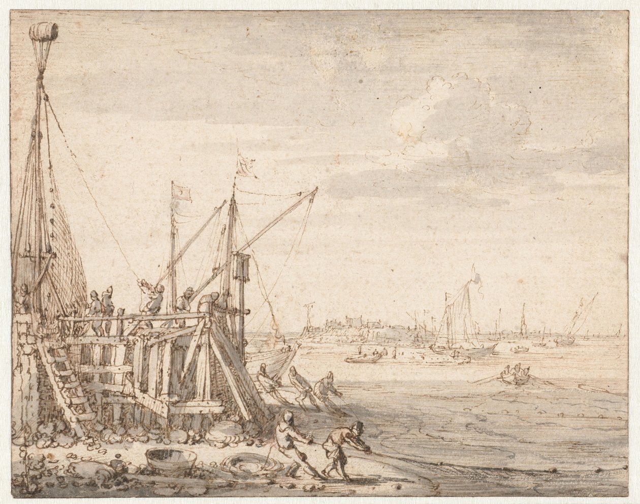 Hafenkopf mit Fischern, die ihre Netze einholen von Cornelis Claesz  van Wieringen