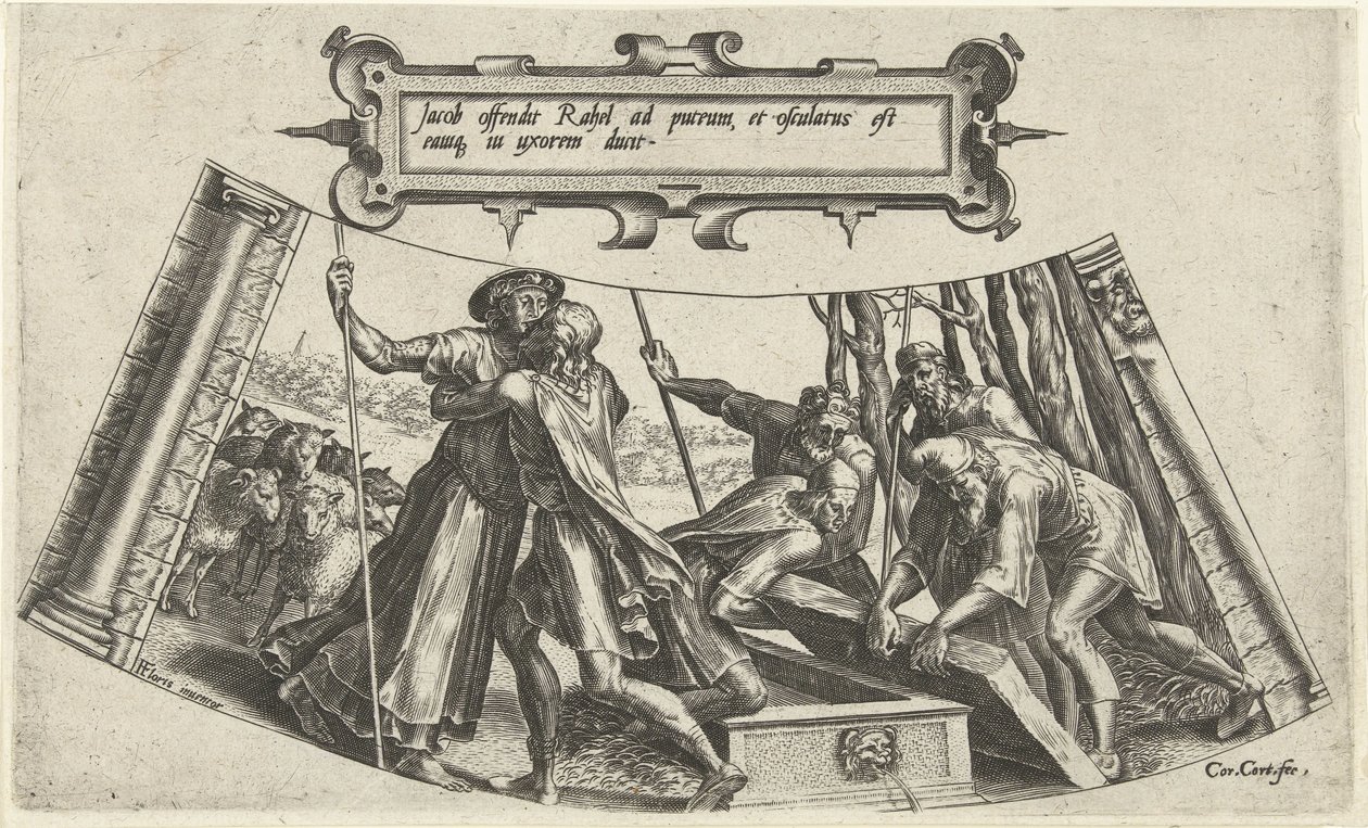 Die Begegnung von Jakob und Rachel am Brunnen Die Geschichte von Jakob (Serientitel) von Cornelis Cort