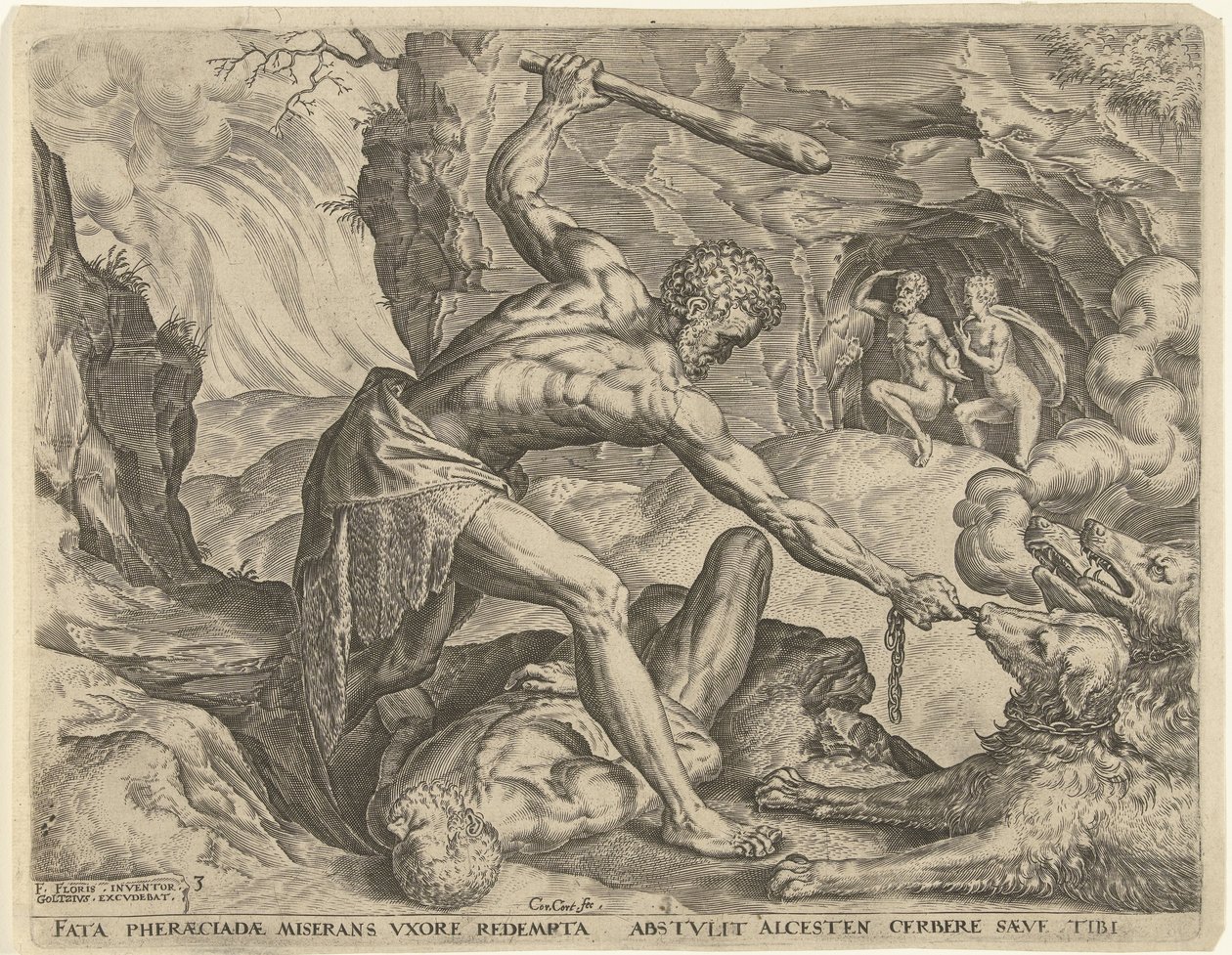 Herkules zieht Cerberus aus der Hölle von Cornelis Cort