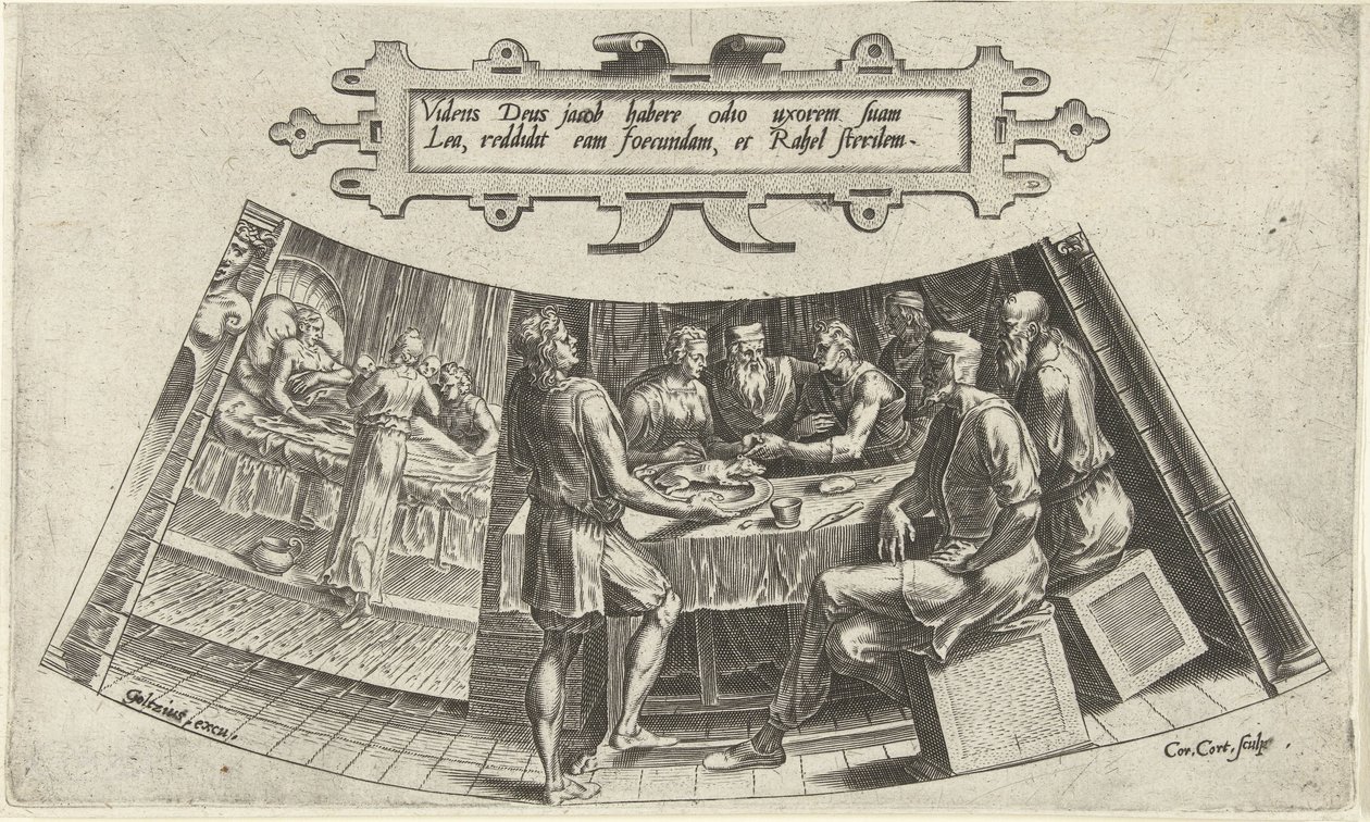 Die Hochzeit von Jakob und Lea und die Geburt ihres ersten Kindes von Cornelis Cort